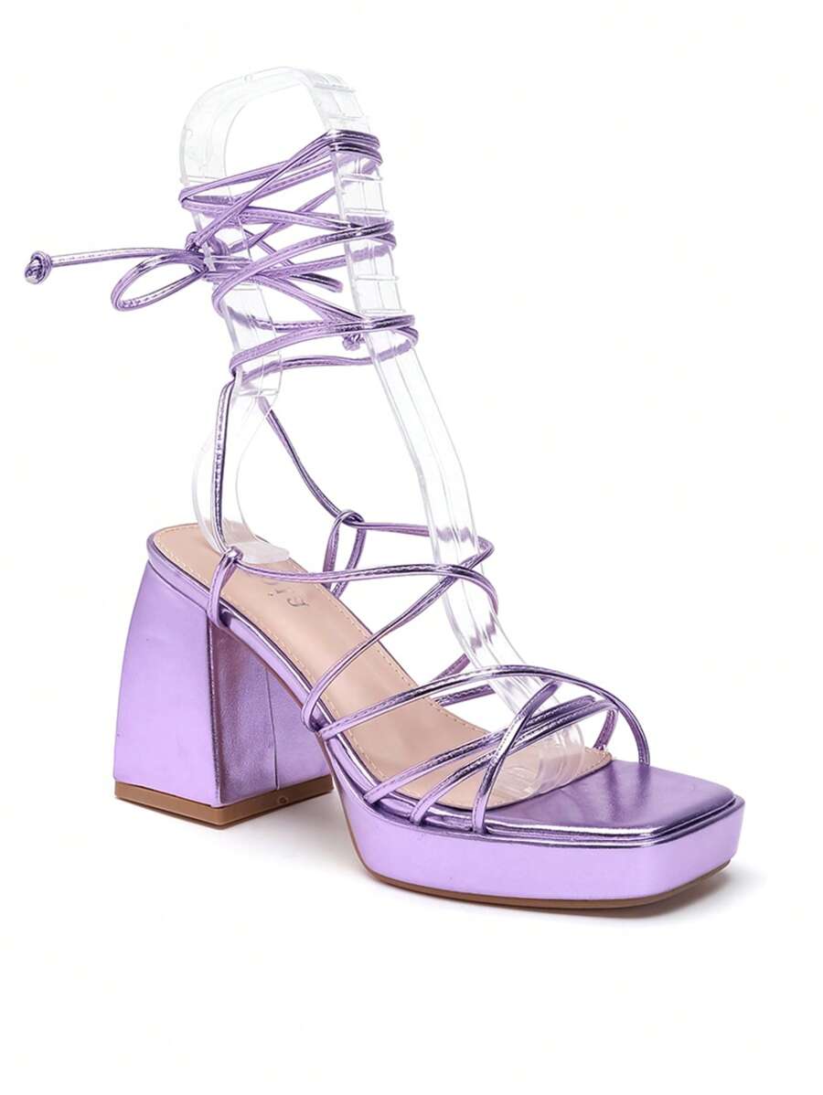 女士夏季时尚纯色系带高跟凉鞋时尚凉鞋女士夏季凉鞋