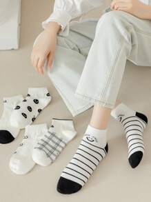 5/10pairs Socks For Women's Short Socks For Spring And Summer Thin Cute Black And White Low Vamp Boat Socks