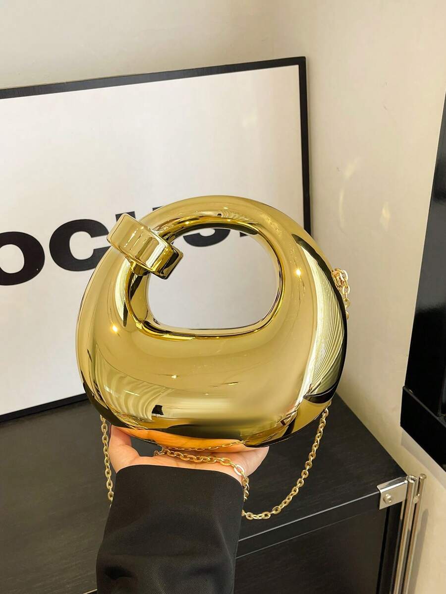 1-Piece Simple And Versatile High-Quality Acrylic Glossy Crescent Chain Crossbody Small Bag For Women, Suitable For Daily Shopping, Dating, Vacation, Work And Commuting, Women's Fashionable Shoulder Crossbody Bag - Gold - View 1