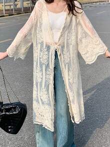 系带细节度假风格长袖衬衫轻质防晒开衫，随机面板 - 杏色 - 查看 2