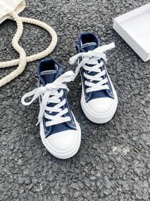 白色帆布鞋，高帮球鞋儿童帆布鞋，韩版简约男童女童鞋春秋，时尚低帮系带运动鞋，经典高帮帆布鞋，流行休闲运动滑板童鞋 - 藍色 - 查看 3