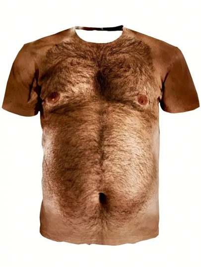 Camiseta masculina com estampa de cabelo 3D - Casual, manga curta, gola redonda, camiseta leve de poliéster com design realista de pelos corporais para todas as estações, camiseta para o dia a dia | Camiseta com design 3D | Moda exclusiva