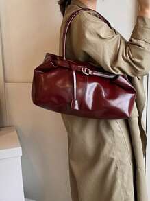 1个女士大容量手提包，PU皮革单肩包，休闲经典简约设计师商务风格包，时尚女士通勤包，黑色、白色、棕色、银色 - 酒紅色 - 查看 5