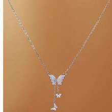 1pc Butterfly Zirconia Necklace, Minimalist & Versatile - Silver - View 1