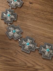 Premium Bohemian Style Turquoise & Cross Decor Waist Chain For Women, High Quality Waist Jewelry Suitable For Wedding, Daily, Party, Date, All Season Summer School Fall, Autumn, Halloween - Silver - View 5