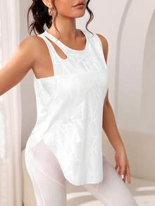 ملابس علوية رياضية نسائية بياقة طاقم، نمط هندسي جاكار، قطعة ملابس كاجوال للياقة البدنية، ملابس علوية اليوغا ذات حافة مقوسة مثقبة، ملابس تمرين تنفس للنساء باللون الأبيض - أبيض - مشاهدة 5