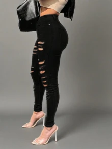 Women's Stretch Skinny Ripped Distressed Denim Regular,Summer Outfits For Women - 黑色 - 查看 2