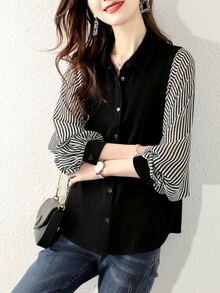 YUXIN Áo kiểu Hàn Quốc phối sọc, tay phồng, chất liệu chiffon, dáng rộng, thích hợp mặc hàng ngày, thích hợp mặc thường ngày, dành cho nữ, mùa xuân/hè 2025. - sọc - Xem 4