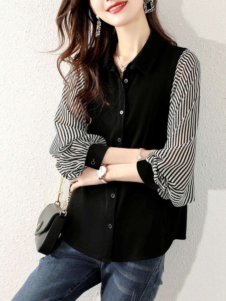 YUXIN 2025春夏韩版条纹拼接衬衫，灯笼袖雪纺拼接，宽松版型，休闲日常女式上衣 - 條紋 - 查看 3