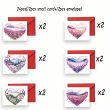 Set van 12/24 romantische aquarel hartvormige wenskaarten met enveloppen - Geschikt voor Moederdag, jubileum, verloving en Valentijnsdag - Doordachte kaartcadeaus voor echtgenoot, echtgenote, vriend, vriendin, vader, moeder - Uniek cadeau-idee