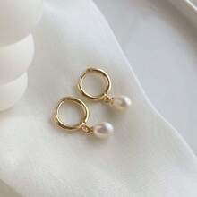 Pearl Earrings For Women, Dainty Gold Earrings 14K Gold Plated Pearl Drop Earrings Cute Pearl Hoop Earrings Hypoallergenic Dangle Pearl Earrings For Women Wedding Earrings For Brides