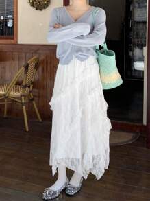 复古拼接不对称荷叶边蕾丝A字裙，高腰显瘦纯色百搭半身裙，2026春夏款 - 白色 - 查看 6