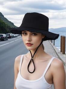 1pc Women's Washed Brim Frayed Edge Drawstring Canvas Bucket Hat, Summer Sun Protection Hat - Black - View 1