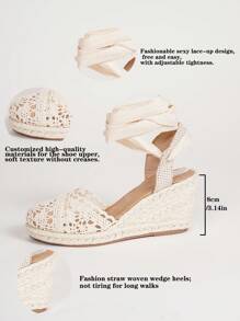 Sandalias con plataforma para mujer, color albaricoque, de malla transpirable con correas cruzadas y de tobillo, puntera redonda, tipo alpargatas para vacaciones - Albaricoque - Ver 7