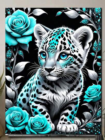 Cute Blue Leopard DIY Diamond Painting Animals Home Decor Wall Art,Cross Stitich Kits Full Round Diamond Mosaic Embroidery