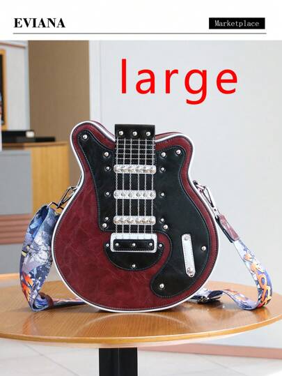 创意 Y2k 风格复古吉他造型女孩包，贝斯吉他独特设计单肩包，斜挎包，链条和铆钉装饰，拼色宽肩带男女通用包，街头时尚