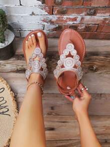 Latest Design Bohemian Style Toe Ring Flat Sandals For Women, Brown - Brown - View 5