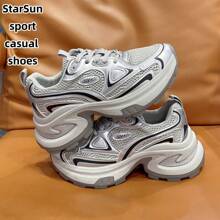 Women's Spring/Autumn New Casual Chunky Sneakers, Mesh Breathable Platform Wedge Heel Comfortable Lace-Up Lightweight Versatile Fashion Sneakers, White/Gray, Suitable For All Seasons - Grey - View 8