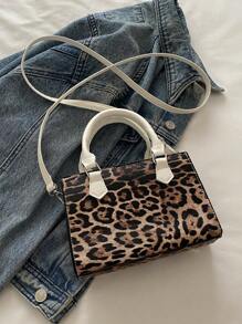 Un nuevo bolso de mano mini cuadrado de estilo retro con estampado de leopardo para el otoño y el invierno. Decoración con lazo, apertura con cremallera, correa de hombro ajustable y larga, con capacidad pequeña. Adecuado para el uso diario, ocio y estudiantes de mujeres.