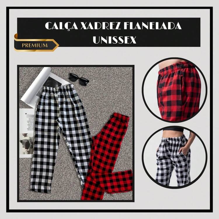 Plaid Winter Sports Wide Leg Pants 100% Premium Cotton Flannel Straight Street Unisex - Black and White - View 6