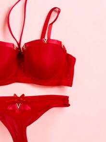 Beautiful Bra And Thong Set With Details In Mesh Fabric With Metal Appliqués, Sexy Lingerie, Various Colors, Comfortable And Of The Best Quality, Soft And Comfortable, To Show Off That Incredible Body. - 紅色 - 查看 4