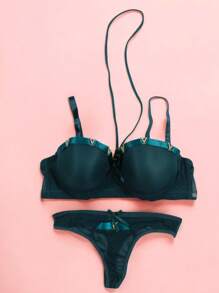 Beautiful Bra And Thong Set With Details In Mesh Fabric With Metal Appliqués, Sexy Lingerie, Various Colors, Comfortable And Of The Best Quality, Soft And Comfortable, To Show Off That Incredible Body. - 綠色 - 查看 1