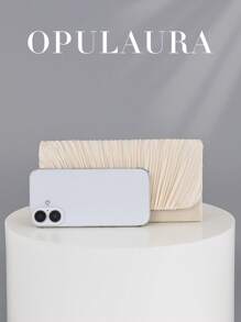 OpulAura 女士简约时尚褶皱设计迷你翻盖手提包，奢华缎面正式晚宴手拿包，优雅迷人，适合晚礼服，适合婚礼、正式派对、舞会、返校派对，可作为生日或节日礼物 - 杏色 - 查看 7