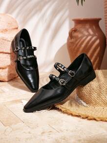 Xin Jing Shoes Zapatos planos para mujer con decoración de hebilla, zapatos planos casuales slip-on para el trabajo y uso diario - Negro - Ver 8