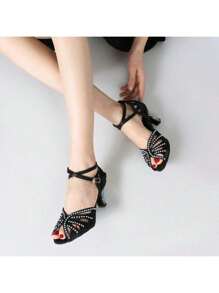 1 双杏色缎面水钻装饰中跟拉丁/恰恰/交谊舞舞鞋，时尚舒适 - 黑色 - 查看 7