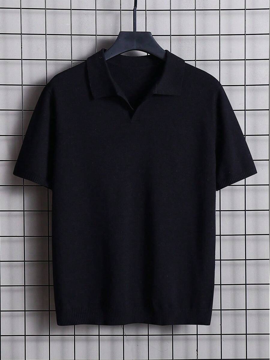 Men's Solid Color Polo Collar Short Sleeve Casual Loose Knit Top - Black - View 1