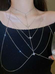 1 件银色方晶锆石几何多层水钻性感身体链，高端简约风格独特个性化性感比基尼项链 - 銀色 - 查看 2