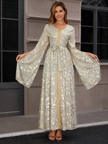 Women's Muslim Robe Ramadan Eid Party Robe Chiffon Gilded Flowers Embroidery Gold Lace Long Sleeve Floor Length Dress (With Belt) - Green - View 1