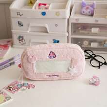 Sanrio 1pc Sanrio Hello Kitty Plush Transparent Window Pencil Case, Cute Cartoon Student Stationery Storage Bag With Zipper, Suitable For Birthday/Back To School Gifts