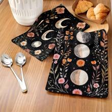 1set/2pcs Bohemian Floral Moon Pattern Towel - Super Soft Polyester, Machine Washable, Vintage Coffee Table Theme, Woven Rectangular Kitchen/Bathroom/Napkins, Home Decor, Ideal Gift For Coffee Lovers, Gift, Perfect For Holiday Party Decorations
