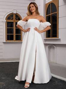 Damen Satin Off-Shoulder Hochzeitskleid mit abnehmbaren Spitzen-Kurzärmeln, bodenlang, Brautkleid