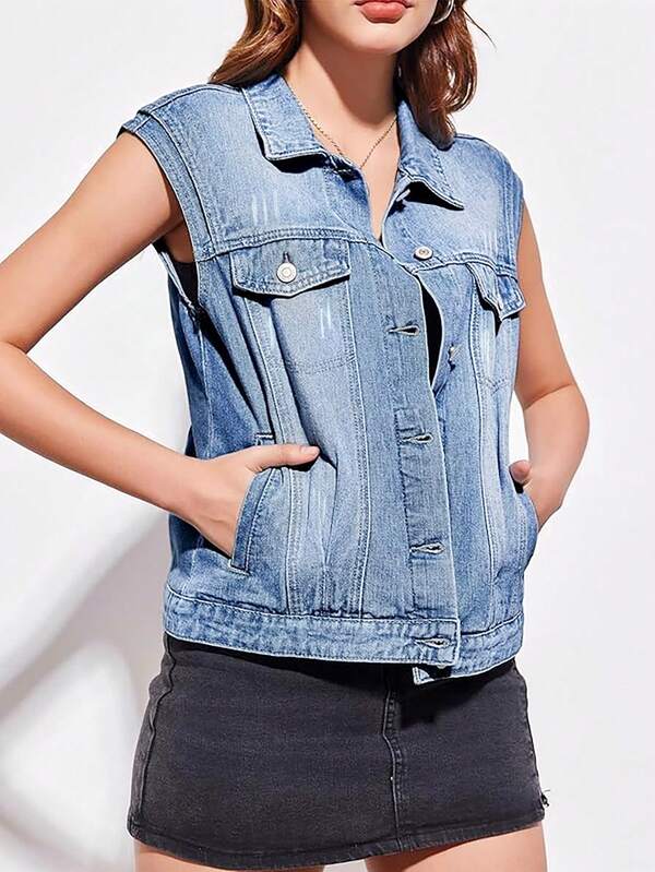 Women's Sleeveless Denim Vest With Pockets, Loose Fit, Casual, Personalized Street Style, All Seasons