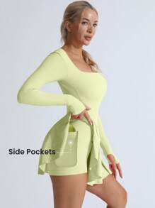 TCVC Women's Seamless Knit Sports Pocket Dress, Solid Crisscross Back, Long Sleeve Crew Neck Tennis Dress For Indoor/Outdoor Sports & Yoga, Skin-Friendly Fabric, Body Shaping - 青檸色 - 查看 5