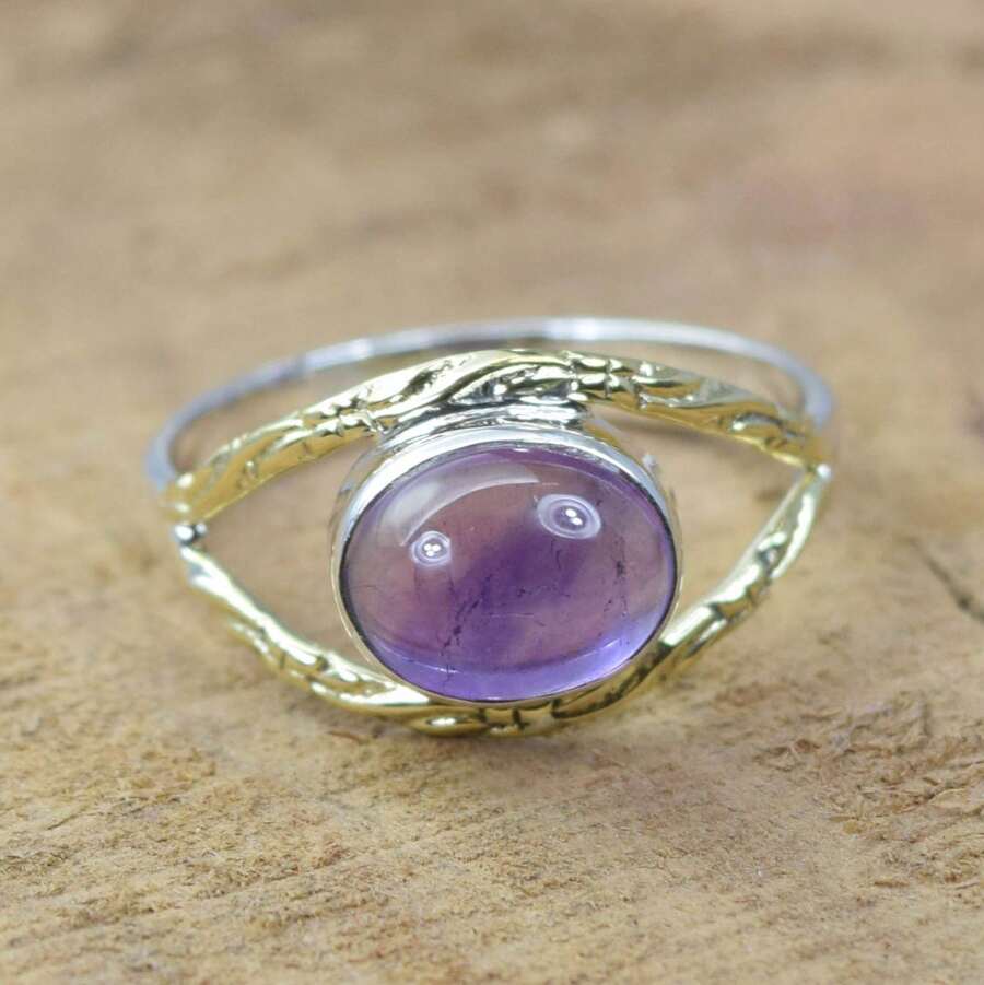 925 Sterling Silver And Brass Onyx Gemstone Jewelry Ring ~ December Month Birthstone ~ Natural Crystal Gemstone Ring ~ Gift For Valentine Day - 紫晶 - 查看 1