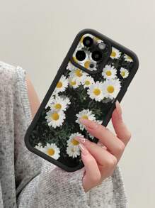 Summer 1pc Minimalist White Daisy Flower Pattern IPhone 16 Case, Luxury Black Full Body Protective Shock-Proof TPU Thick Phone Case