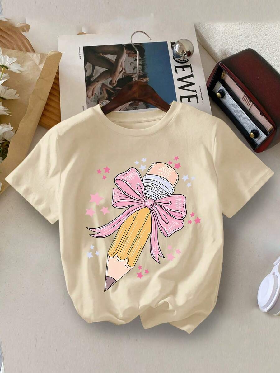 Young Girl's Pencil And Bow Print Round Neck Short Sleeve Tee Spring And Summer Casual T Shirt For Young Girl - Apricot - View 1