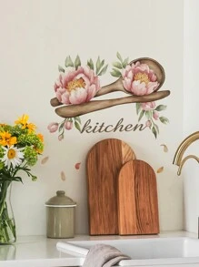 1 pieza Cuchara de madera creativa con diseño de peonía, pegatinas decorativas para cafetera con patrón de oso de café, pegatinas decorativas removibles para la cocina, regalos de decoración para cumpleaños, graduación, decoración del hogar, baño, dormitorio, sala de estar, decoración de la casa