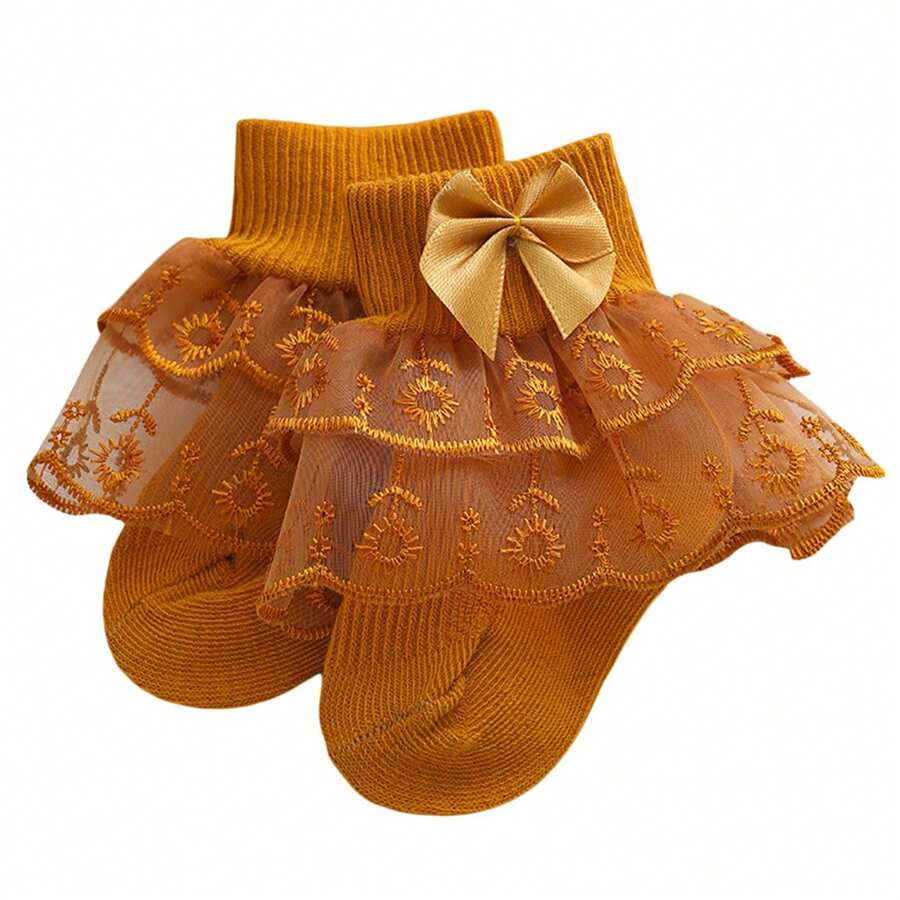 Baby Girls Ruffle Lace Socks, Super Soft Infant Ankle Socks Princess Dress Socks With Bow - Yellow - View 1