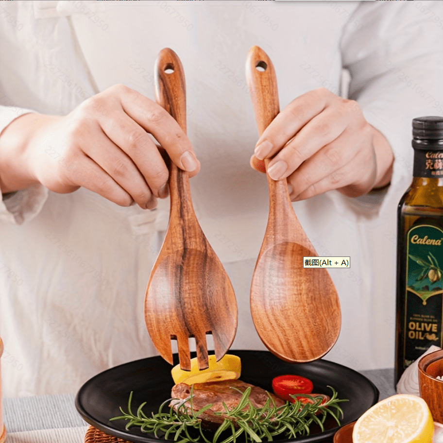 Set de 2 piezas Cuchara y Tenedor de estilo japonés de madera de palo de rosa, utensilios de cocina compactos, cuchara y tenedor de madera, cucharón para sopa