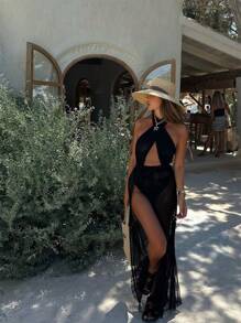 女士超长吊带连衣裙，休闲时尚，适合日常穿着及度假海滩活动 - 黑色 - 查看 1