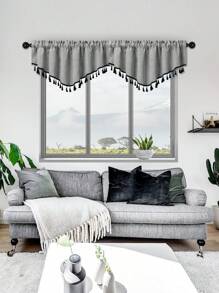 1pc V-Shaped Valance With Black Tassels, Japanese Minimalistic Style Faux Linen Voile Curtain Panel, Suitable For Living Room, Bedroom, Kitchen Windows And Doors, Room Divider