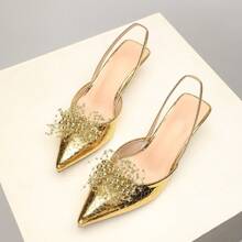 OMS Pointed-Toe Stiletto Heels For Women, 2025 Spring/Summer New French Style Open-Toe Breathable Backless Mid-Heel Dress Shoes, Elastic Band, Gold, Lightweight And Breathable For All Seasons