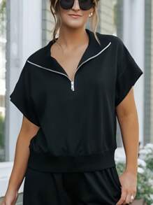 Spring/Summer Easter Concert Women Half Zip Short Sleeve T-Shirt, Fashionable Casual Outdoor Sports Sweatshirt - Black - View 5