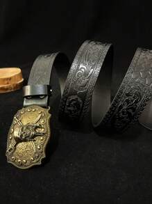 复古金色海盗骷髅头花卉图案PU皮腰带，合金扣，适合秋季、万圣节、秋冬季节，青少年、青年、男士均可佩戴，休闲、户外、运动、度假、毕业、生日、日常穿着皆宜。 - 黑色 - 查看 13