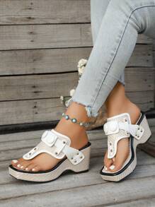 Women's Summer Square Toe Strap Buckle Outdoor Wear-Resistant Anti-Slip Rivet Roman Style Fashion Casual Wedge Platform Sandals