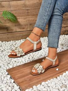 Women's Fashion Embroidered Comfortable Elastic Band Flat Beach Sandals, Plus Size,Spring Summer Outfits - Beige - View 7